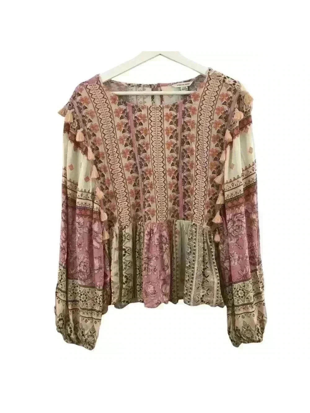 American Eagle Bohemian Patchwork Embroidered Balloon Sleeve Peasant Top Size L